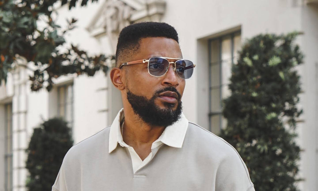 Man wearing photochromic lens glasses