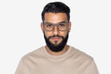 Man wearing Brave Brown, Square Walnut Wood Glasses