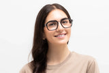 Woman wearing Haya Eyeglasses, Square Aviator Black & Clear Glasses - front view on white background