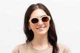 Woman wearing Mia Ivory, Ivory Octagon Geometric Sunglasses