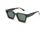 Noir Sunglasses, Oversized black square sunglasses with green polarized lens - oblique view on white background