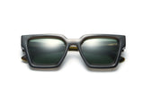 Noir Sunglasses, Oversized black square sunglasses with green polarized lens - folded view on white background