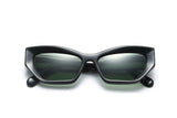 Riley Black Sunglasses, Black rectangular cat-eye sunglasses with green polarized lens - folded front view on white background