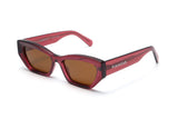 Riley Red Sunglasses, Red rectangular cat-eye sunglasses with brown polarized lens - oblique view on white background