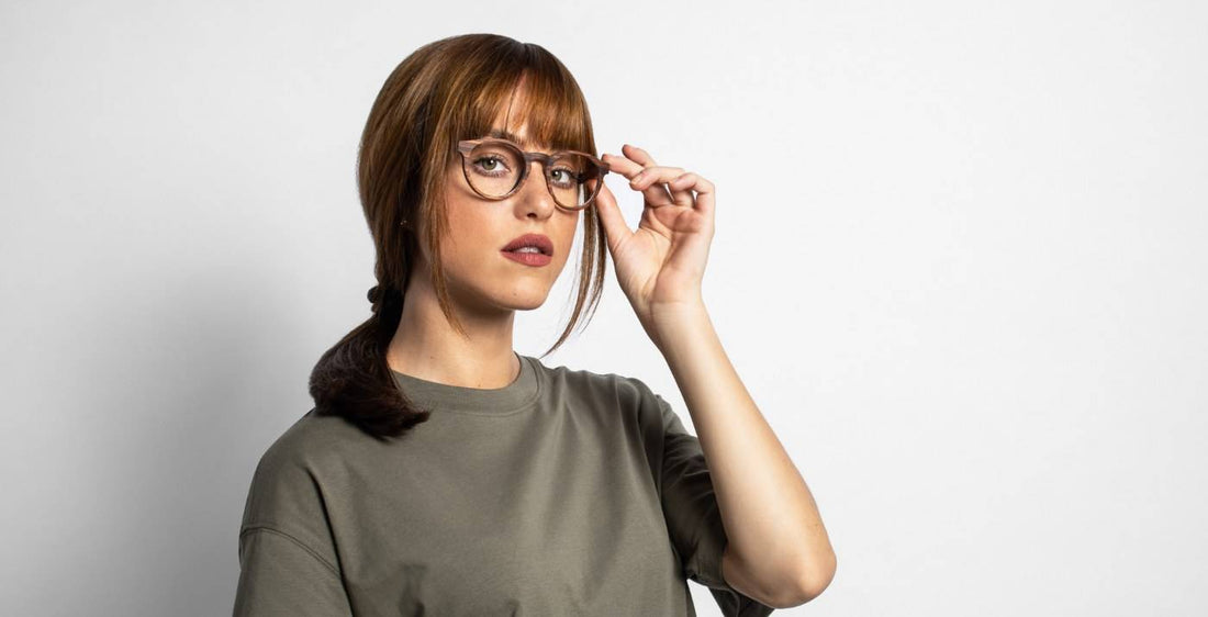 Woman wearing Cheer Rose, Retro Round Rosewood Glasses
