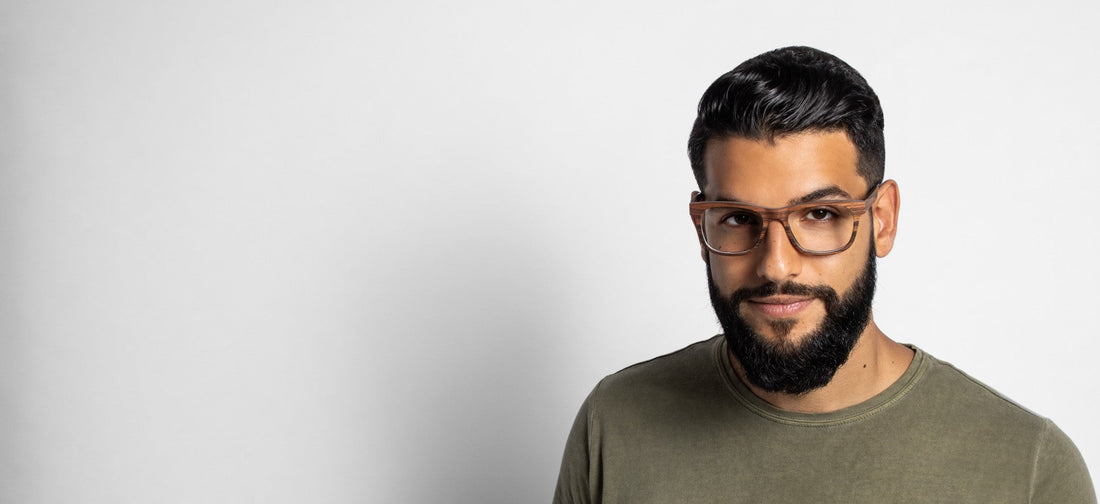 man wearing Brave Rose, funky glasses frames on a white background