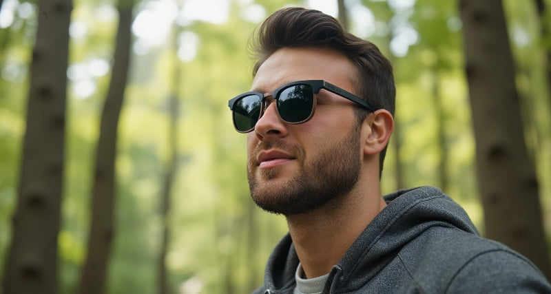 man wearing sunglasses in forest