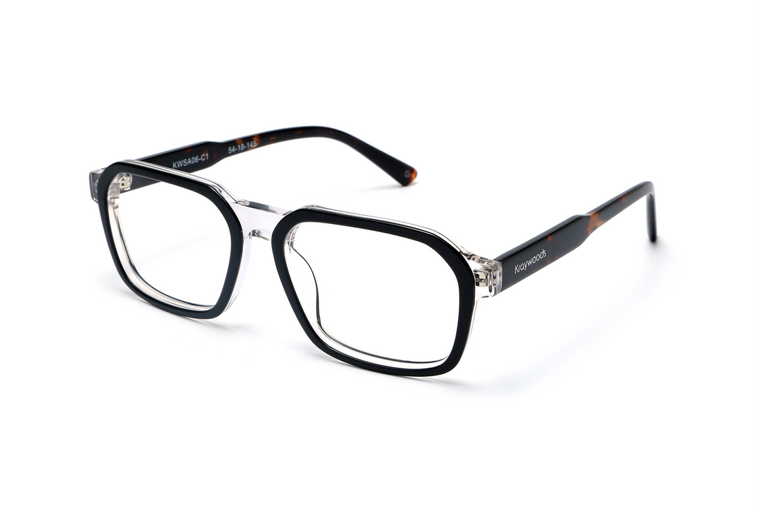 Haya Eyeglasses, Square Aviator Black & Clear Glasses - oblique view on white background