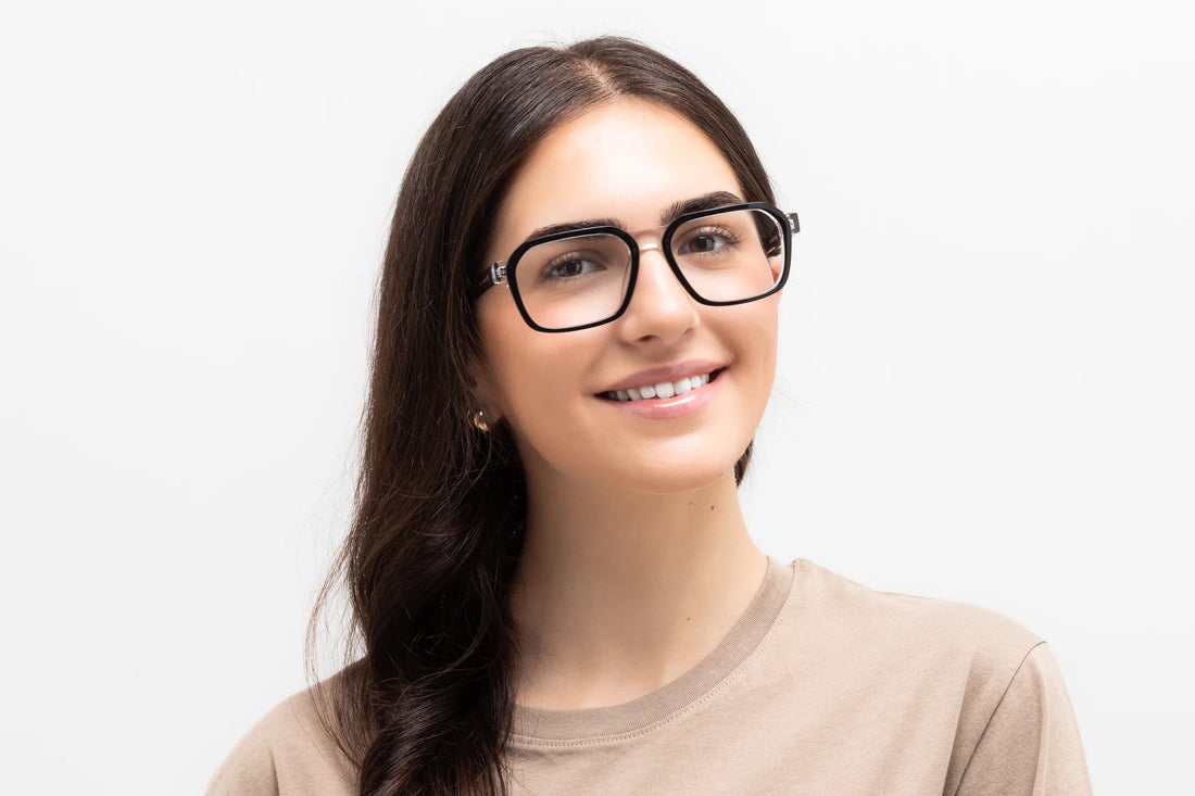 Woman wearing Haya Eyeglasses, Square Aviator Black & Clear Glasses - front view on white background