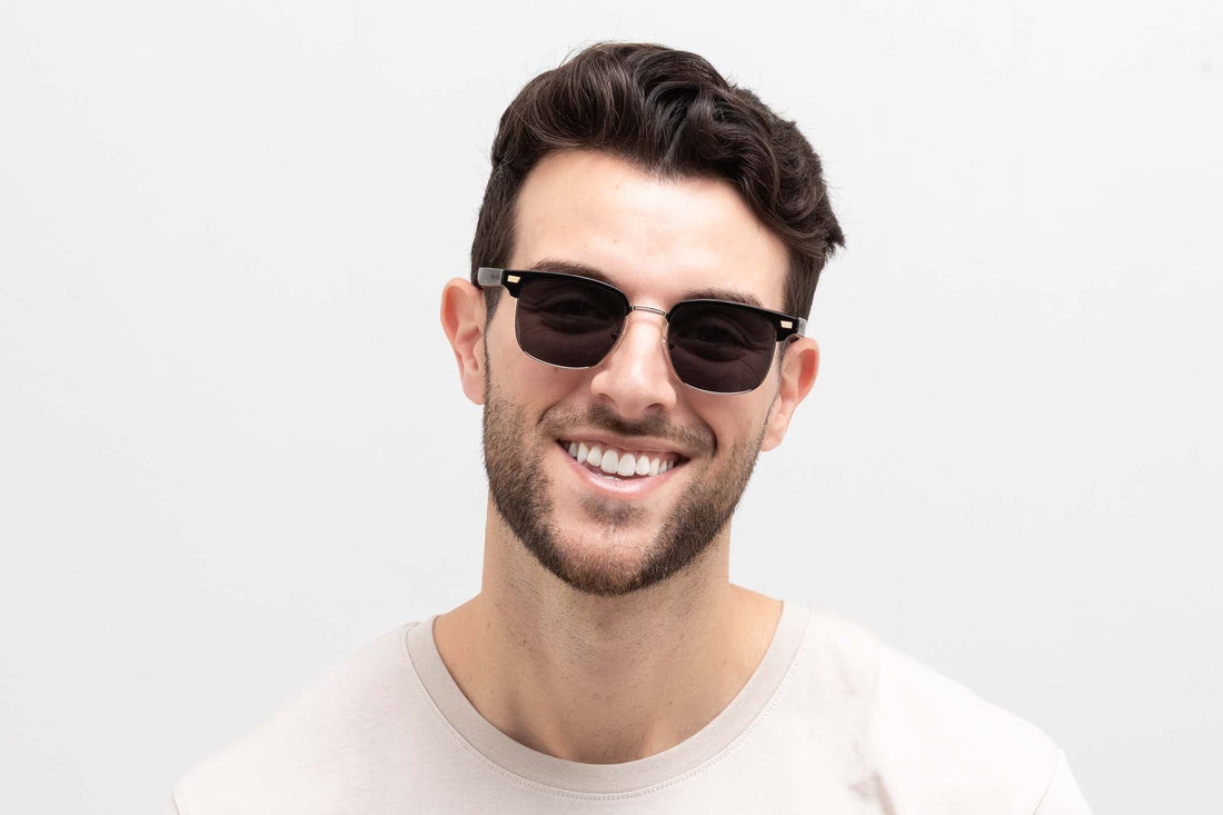 Man wearing Black Jaguar Sunglasses, Browline Sunglasses with grey polarized lenses - Front view on white background