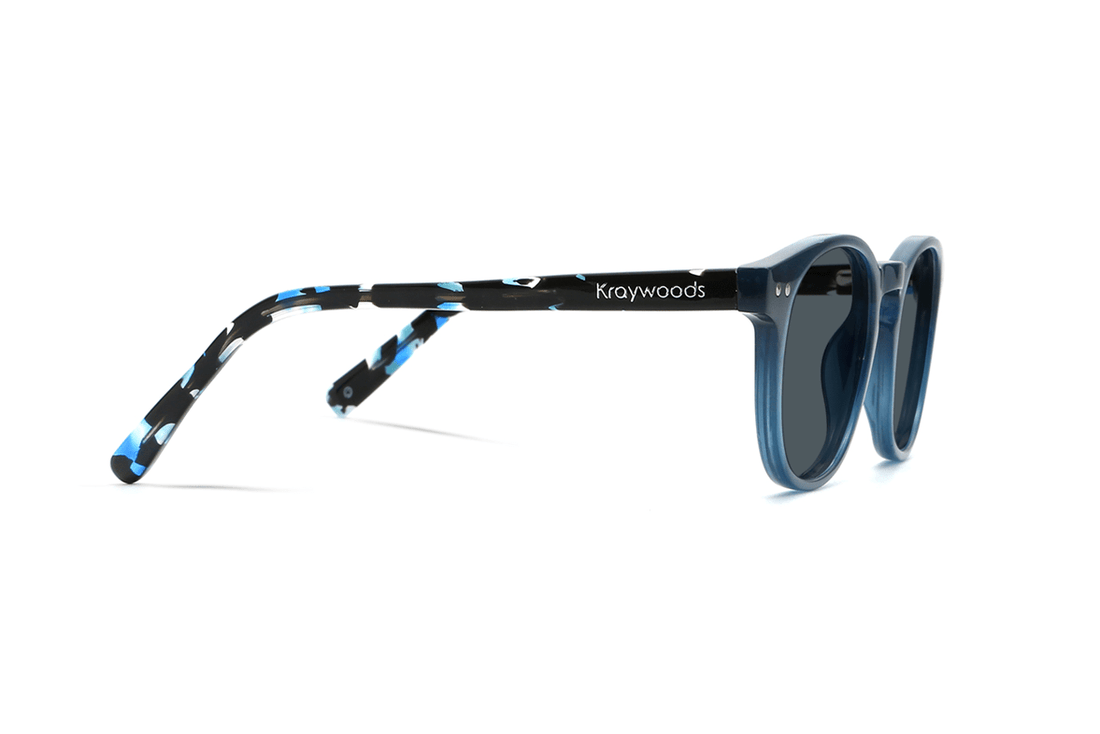 Dash Navy, Retro Square Navy Blue Sunglasses with blue tortoise arms – side view