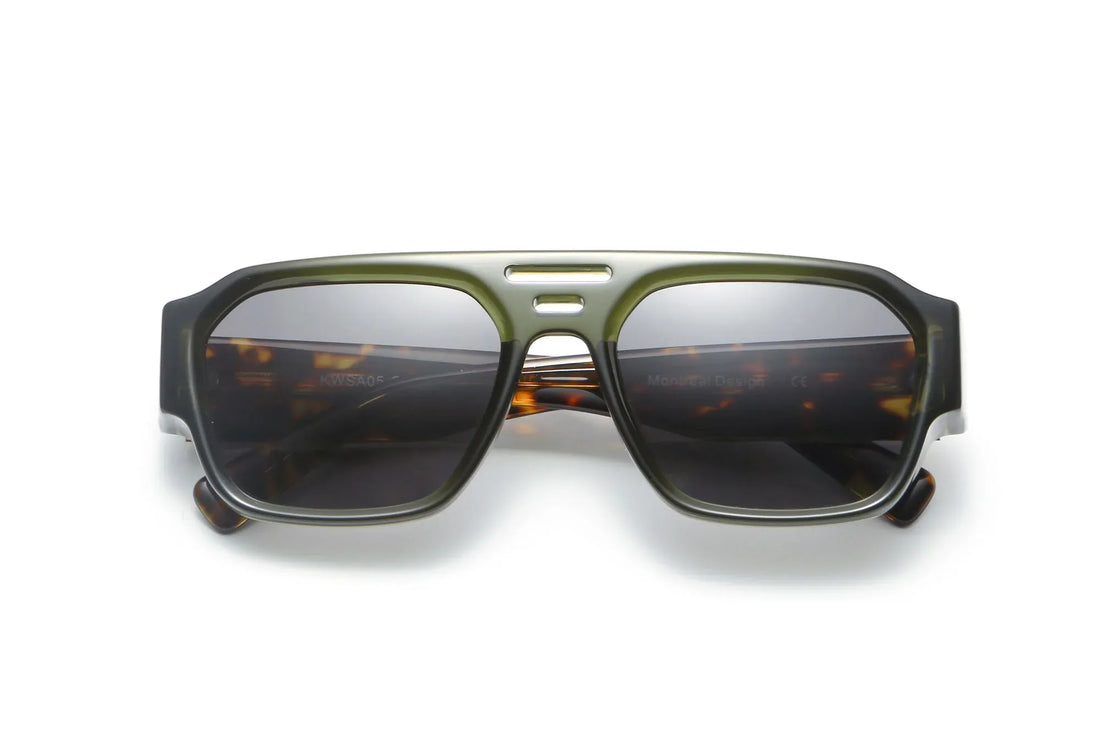 Drift Sunglasses, dark green oversized aviator sunglasses with grey polarized lens - folded front view on white background