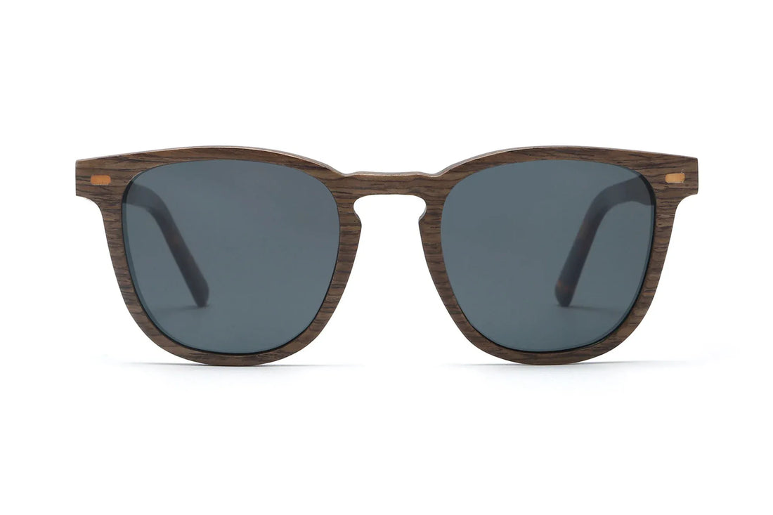 Hunter Brown Sunglasses, retro square wooden sunglasses with grey polarized lens - front view on white background