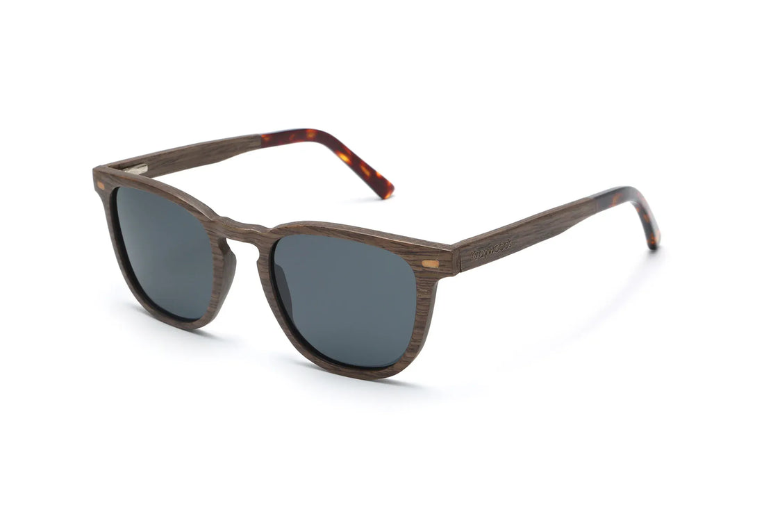 Hunter Brown Sunglasses, retro square wooden sunglasses with grey polarized lens - oblique view on white background