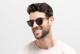 Man wearing Hunter Brown Sunglasses, retro square wooden sunglasses with grey polarized lens