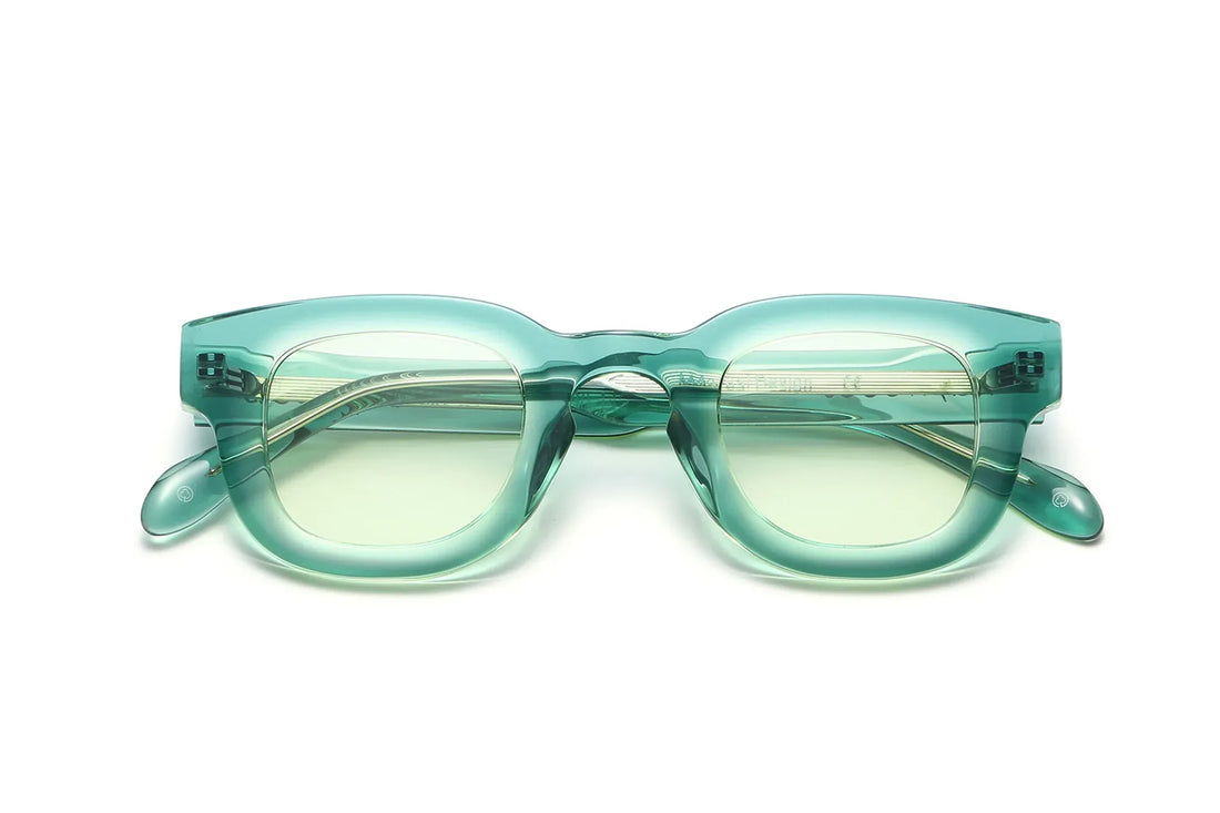 Juno Green Sunglasses, thick rounded, square green sunglasses with yellow lens - folded front view on white background