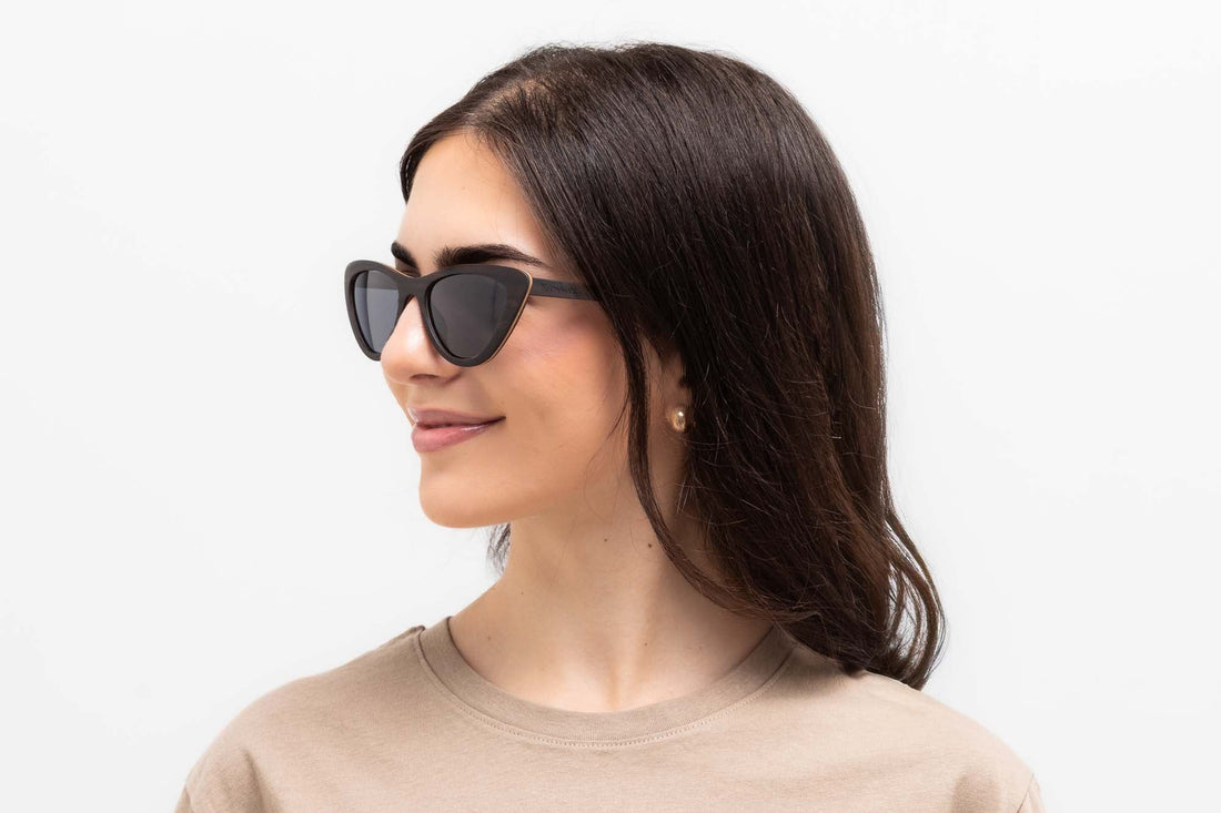 Woman wearing Selena, Small Cat Eye Sunglasses in Black