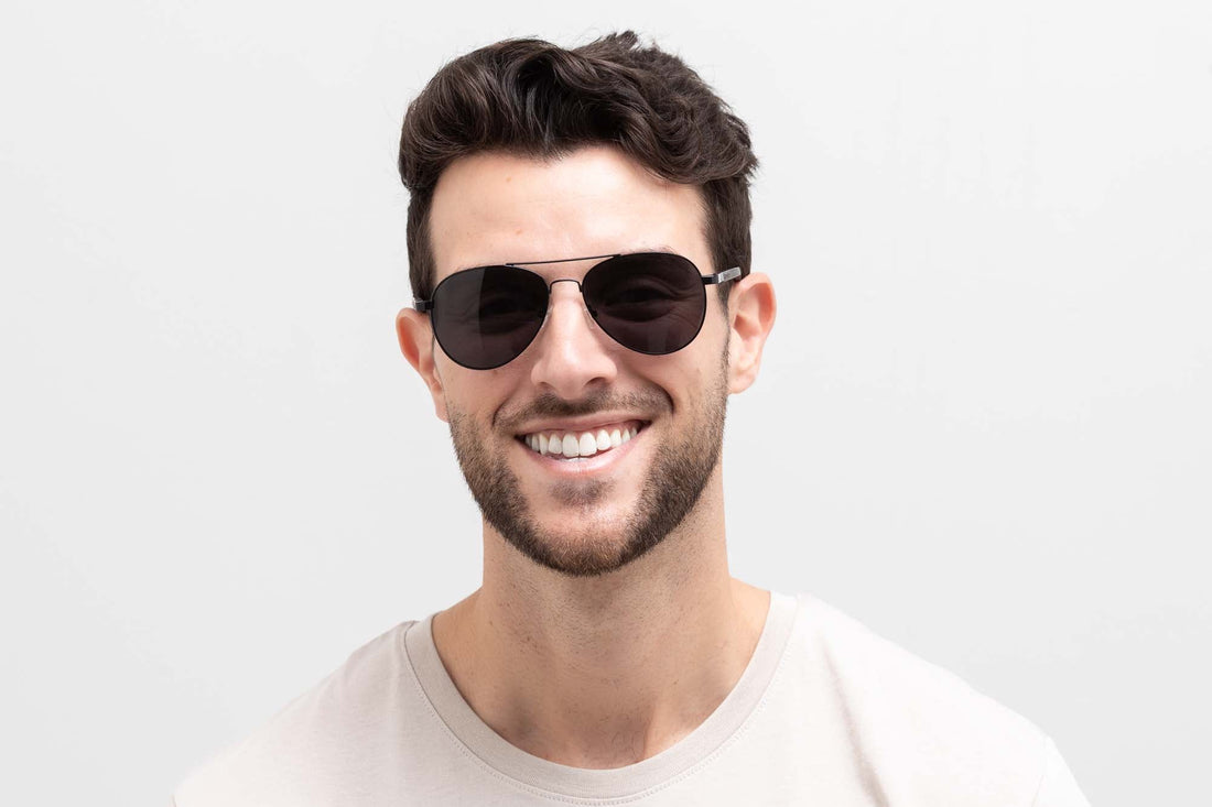 Man wearing Leo, Black Aviator Sunglasses with Polarized Lens