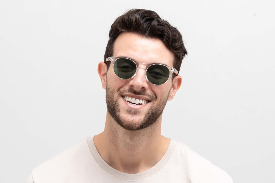 Man wearing Funk, Round Clear Frame Reflective Sunglasses