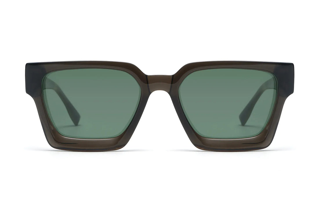 Noir Sunglasses, Oversized black square sunglasses with green polarized lens - front view on white background