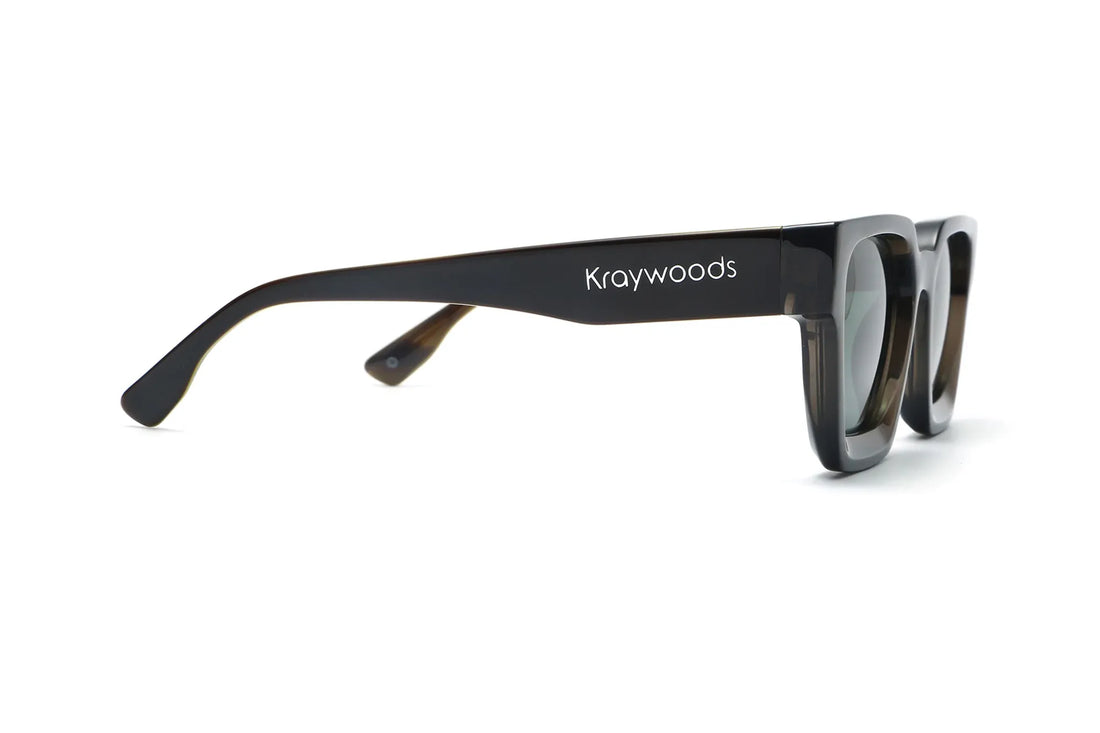 Noir Sunglasses, Oversized black square sunglasses with green polarized lens - side view on white background