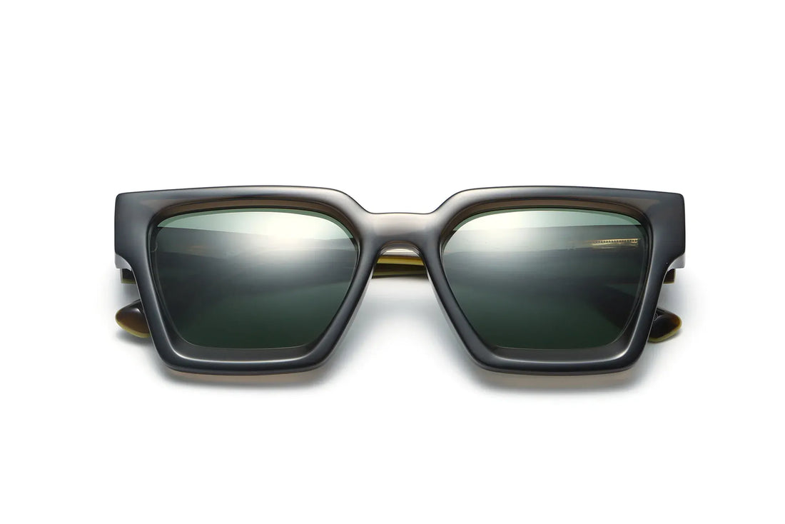 Noir Sunglasses, Oversized black square sunglasses with green polarized lens - folded view on white background