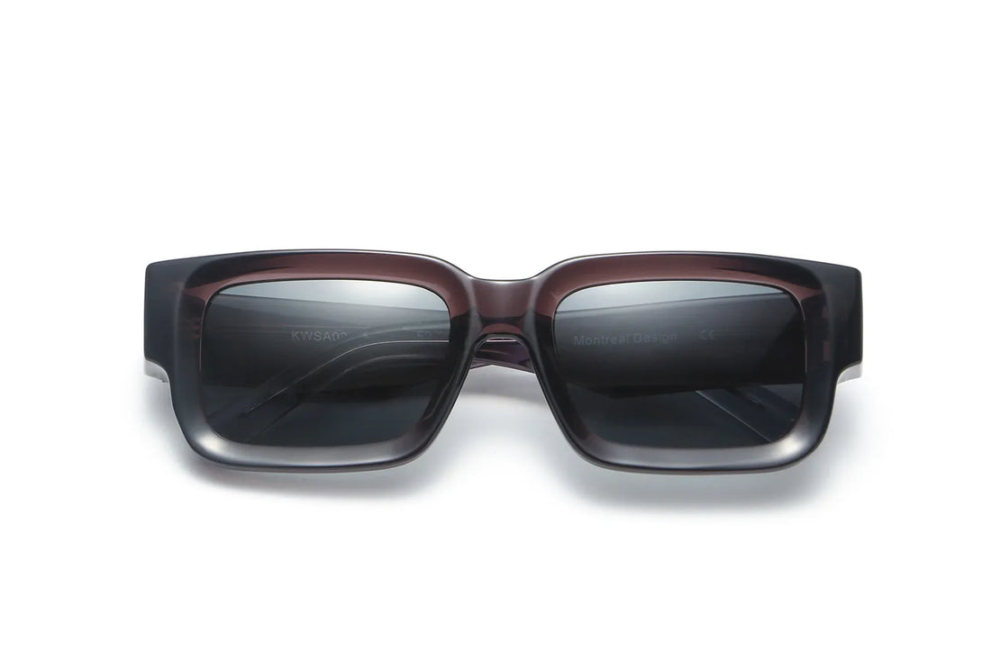 Nova Sunglasses, rectangle dark brown sunglasses with grey polarized lens - folded view on white background