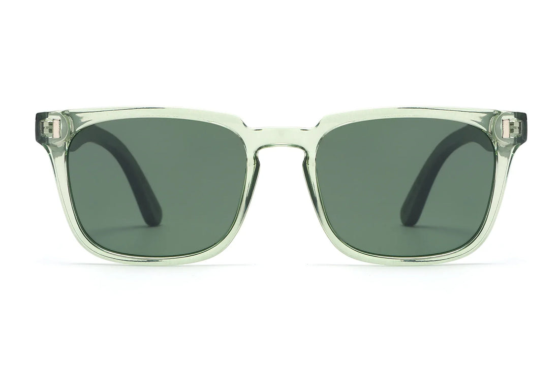 Oliver Sunglasses, translucent green square sunglasses with green polarized lens - front view on white background