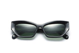 Riley Black Sunglasses, Black rectangular cat-eye sunglasses with green polarized lens - folded front view on white background