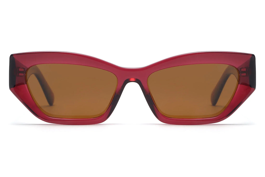 Riley Red Sunglasses, Red rectangular cat-eye sunglasses with brown polarized lens - front view on white background