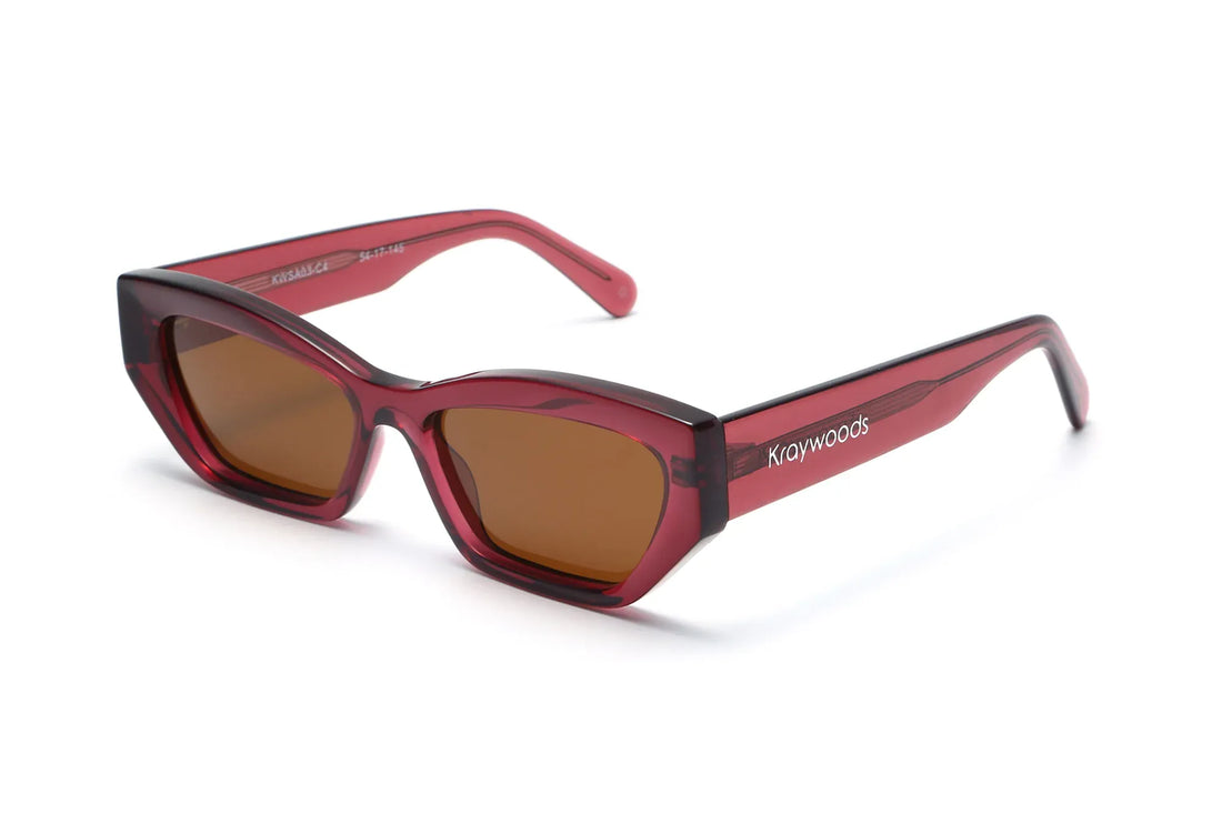 Riley Red Sunglasses, Red rectangular cat-eye sunglasses with brown polarized lens - oblique view on white background