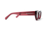 Riley Red Sunglasses, Red rectangular cat-eye sunglasses with brown polarized lens - side view on white background