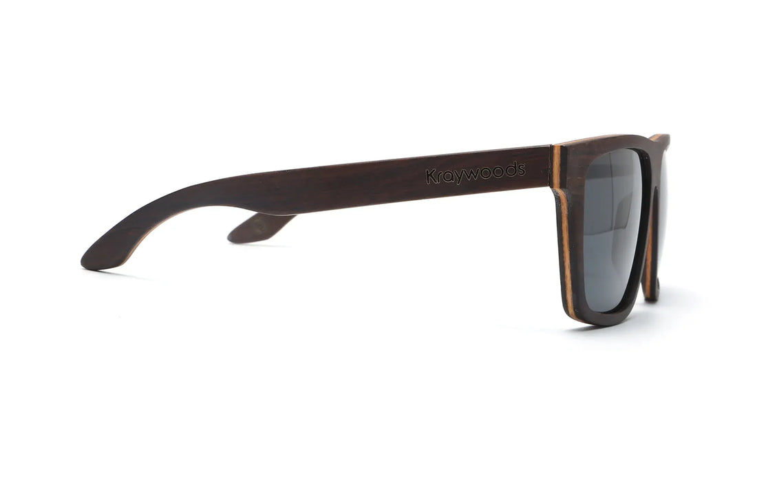 Shade, Black Oversized Square Wooden Sunglasses with grey polarized lenses - Side view