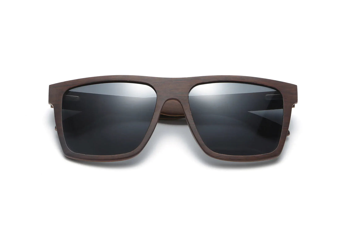 Shade, Black Oversized Square Wooden Sunglasses with grey polarized lenses - front folded view