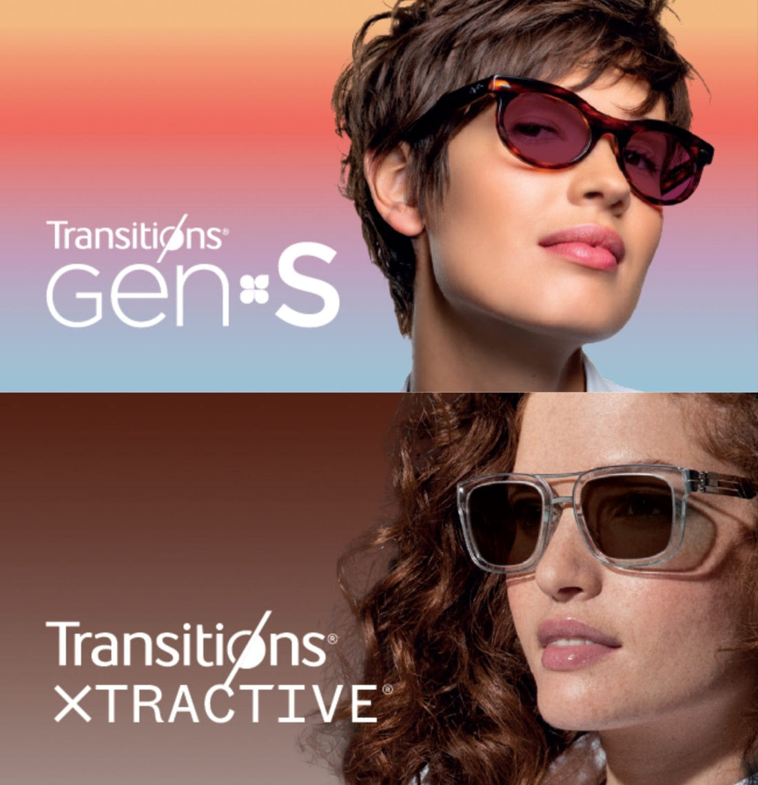 woman wering transitions Gen S lenses and woman wearing Transitions Xtractive lenses