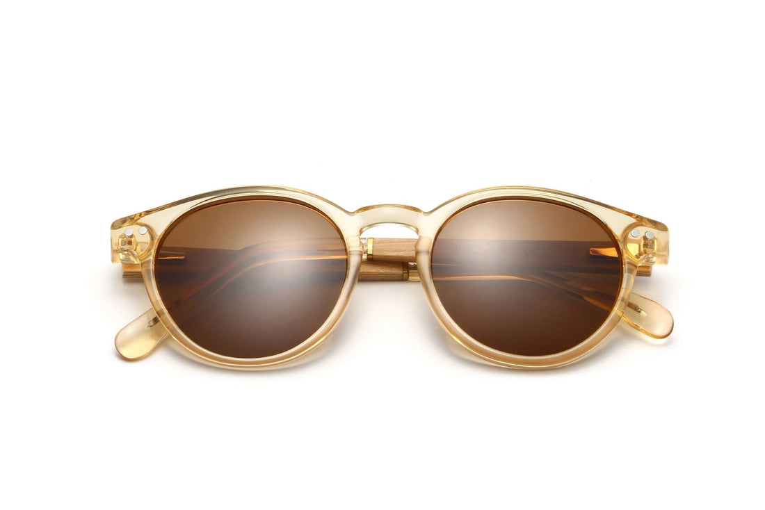Jazz, petites lunettes de soleil rondes marron - pliées
