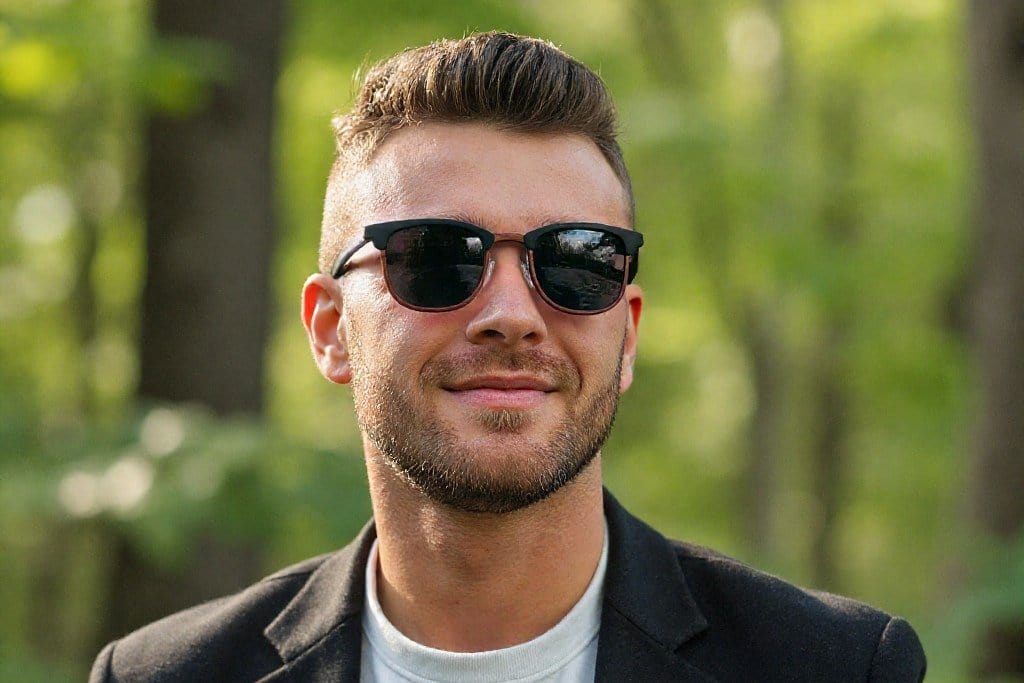 Homme portant des lunettes de soleil Casper, Browline Wood