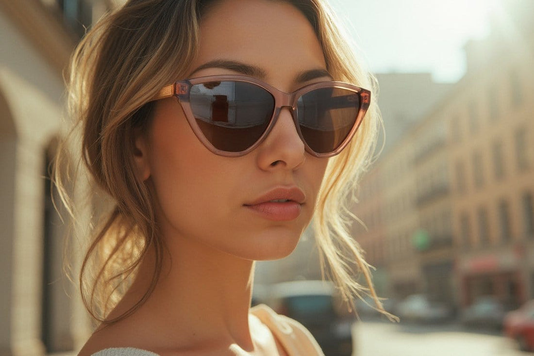 Femme portant des lunettes de soleil Audrey, rose, yeux de chat surdimensionnés